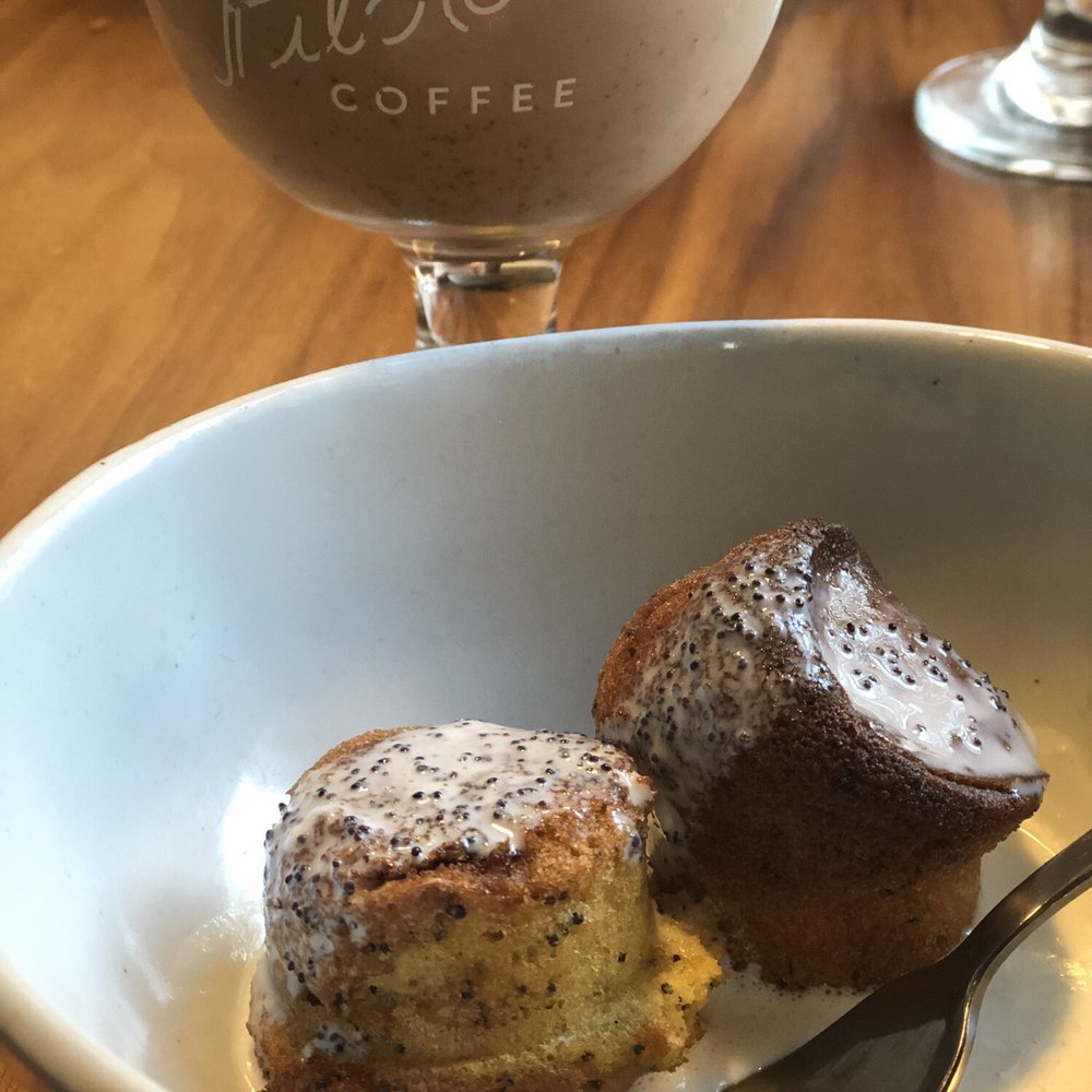 Interval - Lemon poppyseed muffins, with "cereal milk" on top, with oat chai latte. Absolute 10/10 - Cafes Near Me - Milwaukee, Wisconsin