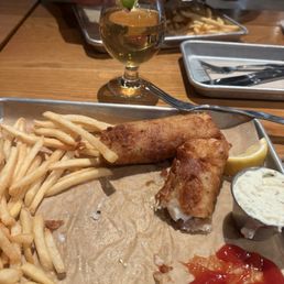 Fish & chips. The pink beer is the Raspberry Pride. My husband had Spacerveza & said it is the best Mexican tasting beer.