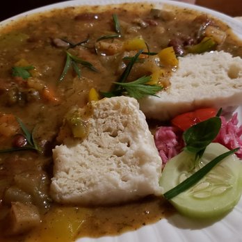 Red Chateau - Hungarian vegan goulash w/dumplings (C$30). Pretty good. Good great w/garlic bread. Dumpling not as interesting. Get it medium-spicy. - German Near Me - Niagara Falls, Ontario Red Chateau - Hungarian vegan goulash w/dumplings (C$30). Pretty good. Good great w/garlic bread. Dumpling not as interesting. Get it medium-spicy. - German Near Me - Niagara Falls, Ontario