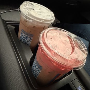 Dutch Bros Coffee - Molten lava iced mocha with lavender soft top and a mocha iced almond with cherry soft top! - Coffee & Tea Near Me - Apple Valley, California Dutch Bros Coffee - Molten lava iced mocha with lavender soft top and a mocha iced almond with cherry soft top! - Coffee & Tea Near Me - Apple Valley, California