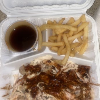 Red Hot & Blue - Yuck.  Side container Bourbon molasses bomb.com Not what's on chicken. I asked for no sauce.  Dry regular fries. - Barbeque Near Me - Laurel, Maryland