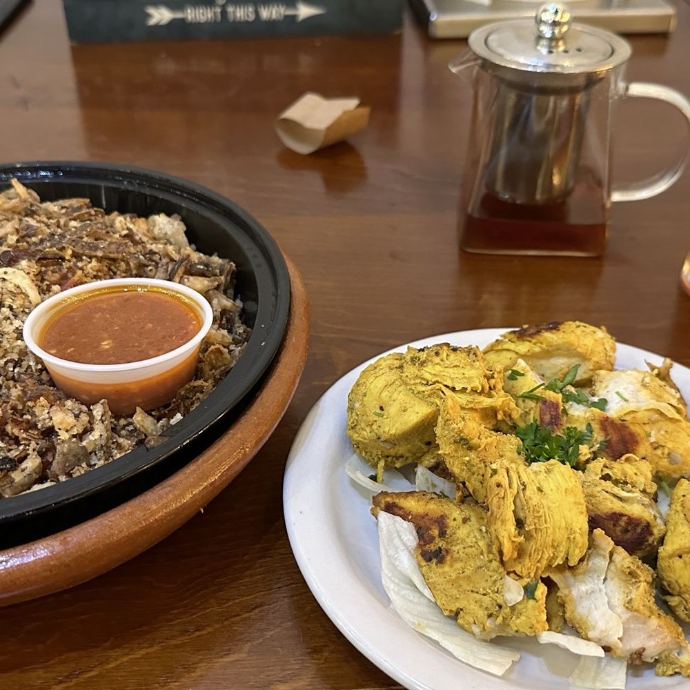 Kenz - Koshary, with added chicken with Egyptian Mint Tea. - Mediterranean Near Me - Houston, Texas Kenz - Koshary, with added chicken with Egyptian Mint Tea. - Mediterranean Near Me - Houston, Texas