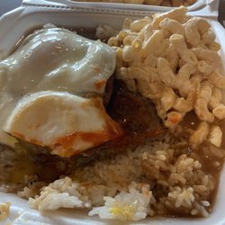 L&L Hawaiian Barbecue - Eggs over Hamburger beef,  gravy ,  rice ,  mac n Cheese ,  French fries.
