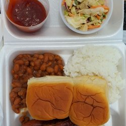 Joes Backyard Bbq Lunchwagon - Full plate..2 sausage, ribs, bun, rice, Beans, Coleslaw...OH my party in my mouth