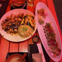 McGuire's Sushi - Bruce Lee Roll (special) Hamachi Yellowtail - Sashimi (5) Trio chicken steak and shrimp with fried rice and miso soup.