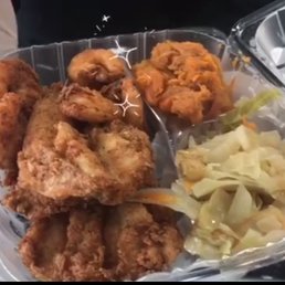 Sweet potatoes, fried shrimp, fried whiting, steamed cabbage Sweet potatoes, fried shrimp, fried whiting, steamed cabbage