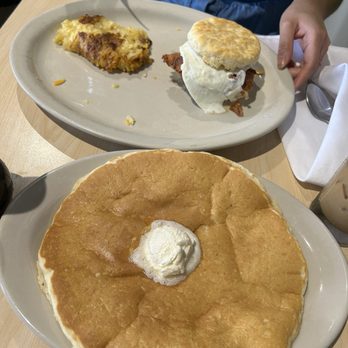The Toasted Yolk Cafe - 1 pancake, hash brown casserole and the honey chicken and egg biscuit - Breakfast & Brunch Near Me - Spring, Texas The Toasted Yolk Cafe - 1 pancake, hash brown casserole and the honey chicken and egg biscuit - Breakfast & Brunch Near Me - Spring, Texas