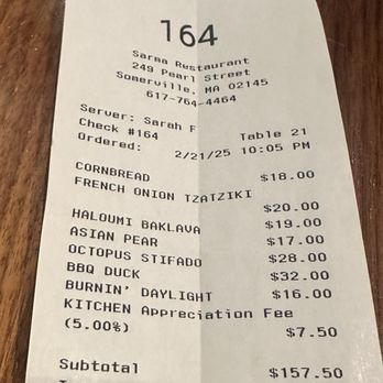 Sarma - Prices were way better than I expected. 6 dishes, 1 cocktail, around $150 - Middle Eastern Near Me - Somerville, Massachusetts