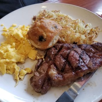 Broken Yolk Cafe - NY steak & eggs, side of hashbrown and blueberry muffin - American Near Me - Temecula, California