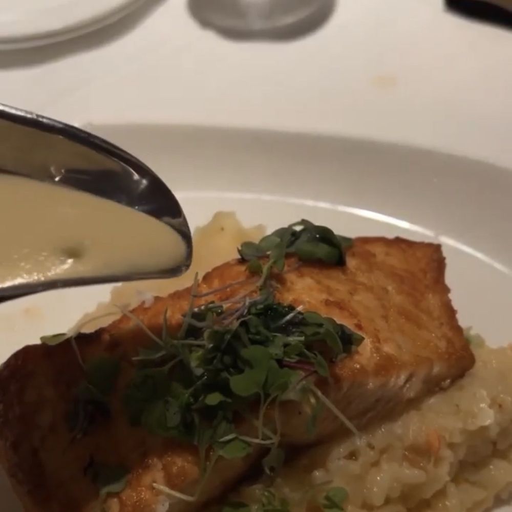 market salmon with lobster risotto and mashed potatoes
