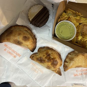 9 Julio Empanada Kitchen - Mushroom & Onion, Jamaican Beef, Chicken Salsa Verde, plantain Chips, Alfajores Cookie - Latin American Near Me - Oakland, California