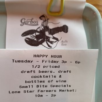 Garbo’s - Happy hour yay!!! Hopefully the get new wine selections. - Seafood Near Me - Austin, Texas