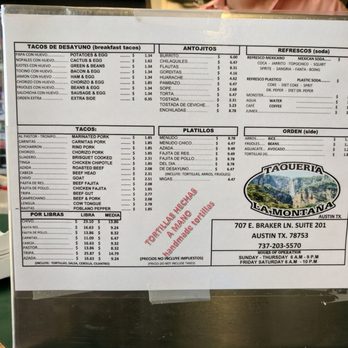 La Montaña Tacos - Here's the menu as of May 2018 since we couldn't check for our vegetarian friend ahead of time. - Mexican Near Me - Austin, Texas