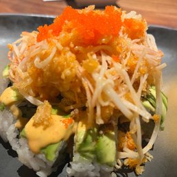 Volcano Roll Eel, cucumber, shrimp inside, laced w/ sliced avocado & topped w/ mixed spicy krabmeat. Volcano Roll Eel, cucumber, shrimp inside, laced w/ sliced avocado & topped w/ mixed spicy krabmeat.