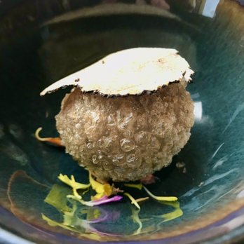 Empress by Boon - Summer Truffle Puff. Deep fried mochi rice ball with pork. Beautiful reflective bowl. - Cantonese Near Me - San Francisco, California Empress by Boon - Summer Truffle Puff. Deep fried mochi rice ball with pork. Beautiful reflective bowl. - Cantonese Near Me - San Francisco, California