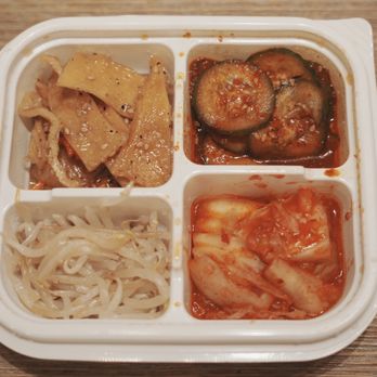 Cho Dang Tofu House - Banchan. Stir-fried flat fish-cake strips (eomuk bokkeum), crisp kimchi-style pickles, bean sprouts, and kimchi. - Korean Near Me - Irvine, California