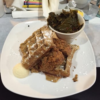 Dame's Chicken & Waffles - Quilted buttercup with spicy "mean greens" - Southern Near Me - Durham, North Carolina Dame's Chicken & Waffles - Quilted buttercup with spicy "mean greens" - Southern Near Me - Durham, North Carolina