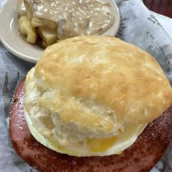 Tudor's Biscuit World - The Politician, no cheese, bologna and egg! With potatoes and sausage gravy!