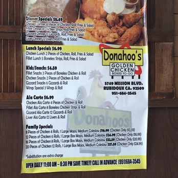 Donahoo's Golden Chicken - Here is a picture of the current menu - Southern Near Me - Riverside, California