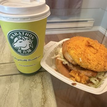 Marathon Cafe - Hot milk tea with pineapple bun with pork chop - Donuts Near Me - Toronto, Ontario Marathon Cafe - Hot milk tea with pineapple bun with pork chop - Donuts Near Me - Toronto, Ontario