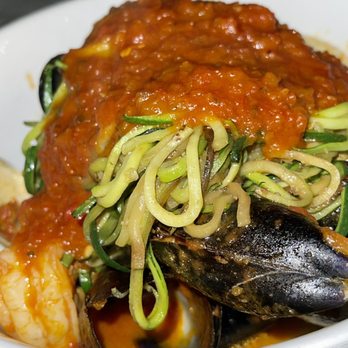 LB Social - Zucchini linguine with red sauce, clams and mussels. - Wine Bars Near Me - Long Beach, New York
