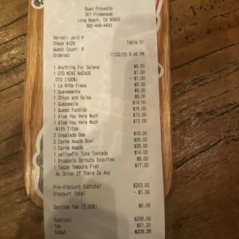 Buen Provecho - The bill for 6 people - Mexican Near Me - Long Beach, California Buen Provecho - The bill for 6 people - Mexican Near Me - Long Beach, California