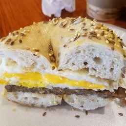 Sausage egg and cheese on multigrain Sausage egg and cheese on multigrain
