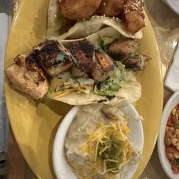 Soy Ginger Shrimp Tacos, Honey Soy Glazed Salmon Tacos, Jalapeno Cheddar Mashers (star of the show).