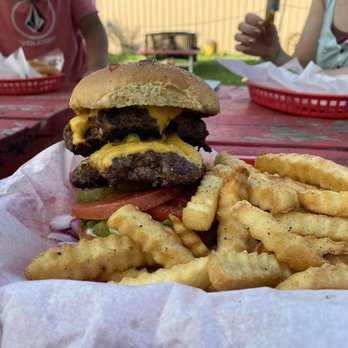Sugar Shack - Double cheeseburger basket. Comes with fries and canned soda for $10. Most expensive thing on the menu.  ...and yes I finished it - Burgers Near Me - West Fork, Arkansas