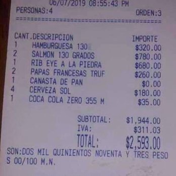 130 Grados - Note the subtotal $1944 + the IVA $311 DO NOT ADD UP to the total of $2593. The waiter was able to manually change the total and  added 15% - Steakhouses Near Me - Mérida, YUC