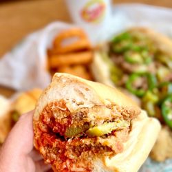 Pop's Italian Beef & Sausage- Lyons - The Godfather Sandwich! Deep fried steak, red sauce, cheese and green peppers.
