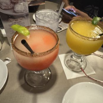 Eden Table - Restaurant + Bar - Half Priced Margaritas, mine Strawberry, my wife's Mango, both with Tahini on rim, excellent - Breakfast & Brunch Near Me - Magnolia, Texas