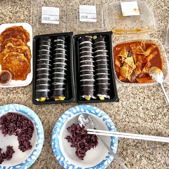 Mom's Refrigerator - Food spread. Purple rice made at home. Thank you Mom's. - Korean Near Me - Las Vegas, Nevada