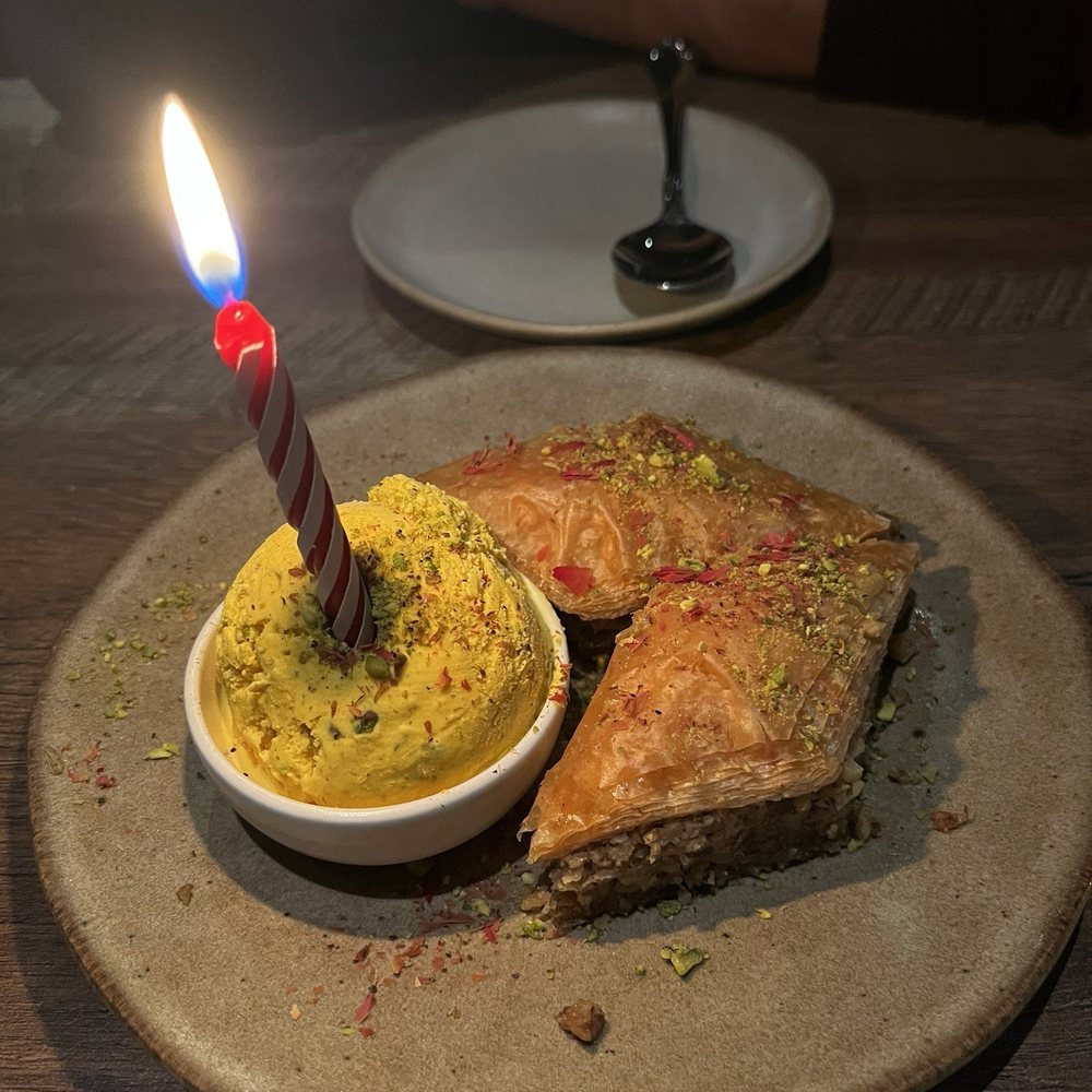 Delbar Middle Eastern - Birthday dessert - baclava and pistachio ice cream - Persian/Iranian Near Me - Atlanta, Georgia Delbar Middle Eastern - Birthday dessert - baclava and pistachio ice cream - Persian/Iranian Near Me - Atlanta, Georgia