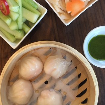 Dumpling Time - Shrimp Har Gow w/ cream cheese filling & chimichurri-like sauce (4 pc - $6), Sides: Cucumber Salad, Pickled Lotus ($3 each) - Dim Sum Near Me - San Francisco, California Dumpling Time - Shrimp Har Gow w/ cream cheese filling & chimichurri-like sauce (4 pc - $6), Sides: Cucumber Salad, Pickled Lotus ($3 each) - Dim Sum Near Me - San Francisco, California