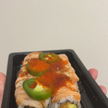 B Cafe - I call this The Local Inside: spicy tuna, cucumber and avocado On top: seared salmon, jalapeños, tobiko, and B cafe house sweet sauce - Sushi Bars Near Me - Quincy, Massachusetts B Cafe - I call this The Local Inside: spicy tuna, cucumber and avocado On top: seared salmon, jalapeños, tobiko, and B cafe house sweet sauce - Sushi Bars Near Me - Quincy, Massachusetts