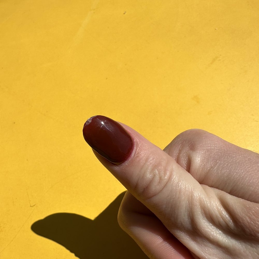 2 days post nails being done. Nail extension (tips) + dipping powder. Top coat already peeling off of thumbnails. 2 days post nails being done. Nail extension (tips) + dipping powder. Top coat already peeling off of thumbnails.
