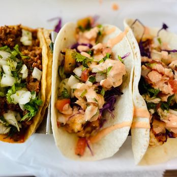 Taco's Queen - two grilled shrimp tacos & one chorizo taco :).. - Tacos Near Me - St Augustine, Florida