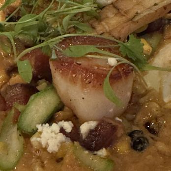Fin Point Oyster Bar & Grill - Scallops with sweet corn, asparagus and bacon. - Seafood Near Me - Boston, Massachusetts