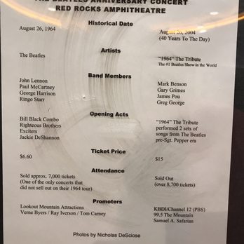 Red Rocks Amphitheatre - The Beatles played Red Rocks in 1964 but did not sell out the show. Crazy! - Music Venues Near Me - Morrison, Colorado Red Rocks Amphitheatre - The Beatles played Red Rocks in 1964 but did not sell out the show. Crazy! - Music Venues Near Me - Morrison, Colorado