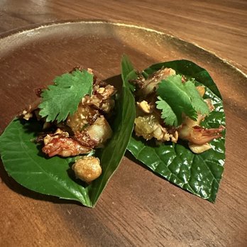 Langbaan - Miang Som Shrimp, cara cara orange, peanuts, coconut, betel leaf - Thai Near Me - Portland, Oregon Langbaan - Miang Som Shrimp, cara cara orange, peanuts, coconut, betel leaf - Thai Near Me - Portland, Oregon