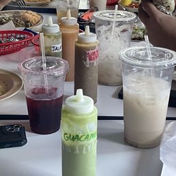 Salsas and drinks. (Horchata)