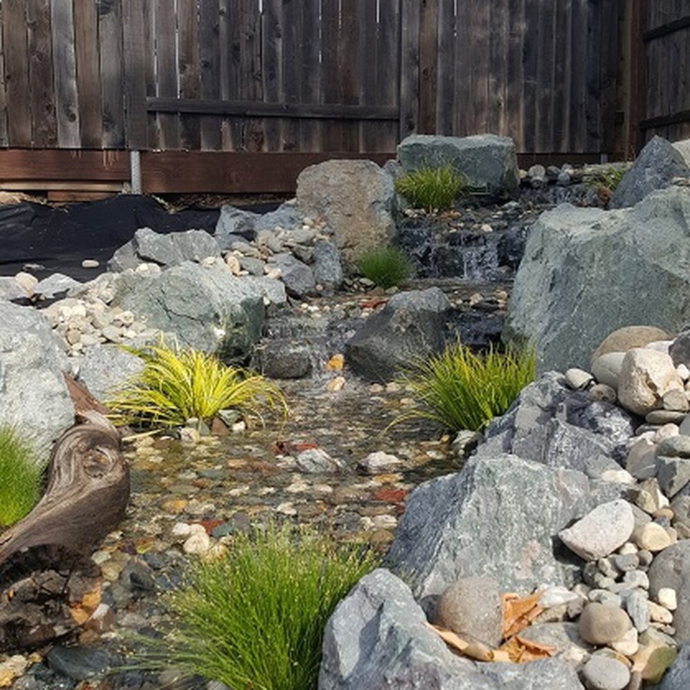 Rockface Waterscapes - finished waterfall with water plants added and a nice log to make a natural setting - Landscaping Near Me Rockface Waterscapes - finished waterfall with water plants added and a nice log to make a natural setting - Landscaping Near Me