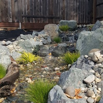 Rockface Waterscapes - finished waterfall with water plants added and a nice log to make a natural setting - Landscaping Near Me Rockface Waterscapes - finished waterfall with water plants added and a nice log to make a natural setting - Landscaping Near Me