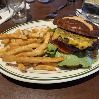 Pub W - Cheeseburger with a Pretzel Bun subbed & fries - Pubs Near Me - Yukon, Oklahoma Pub W - Cheeseburger with a Pretzel Bun subbed & fries - Pubs Near Me - Yukon, Oklahoma