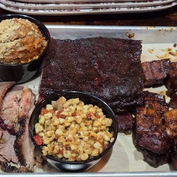 Sauced BBQ & Spirits - El Segundo - 3 Meat Combo with Ribs, Pork Belly Burnt Ends, Brisket, Sweet Potato Casserole, & Corn Succotash ($45) 06-14-2025 - Barbeque Near Me - El Segundo, California Sauced BBQ & Spirits - El Segundo - 3 Meat Combo with Ribs, Pork Belly Burnt Ends, Brisket, Sweet Potato Casserole, & Corn Succotash ($45) 06-14-2025 - Barbeque Near Me - El Segundo, California