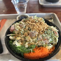 Regular Poke Bowl with two scoops salmon and one ahi. Regular Poke Bowl with two scoops salmon and one ahi.