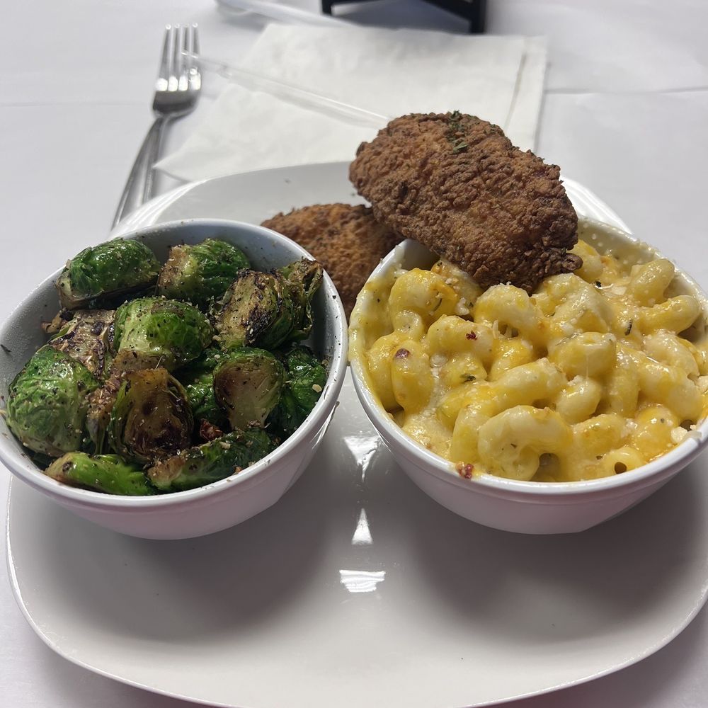 Xquisite Dining - Fried catfish and deep fried shrimp with fried Brussels sprouts and Mac n cheese! - Steakhouses Near Me - Memphis, Tennessee