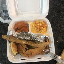 Millie's Place - White fish with Mac and cheese and candied yams.