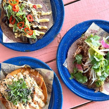 Nixta Taqueria - Sweet potato taco (top left) Tuna tostada (bottom left) Duck carnitas taco (right) - Mexican Near Me - Austin, Texas Nixta Taqueria - Sweet potato taco (top left) Tuna tostada (bottom left) Duck carnitas taco (right) - Mexican Near Me - Austin, Texas